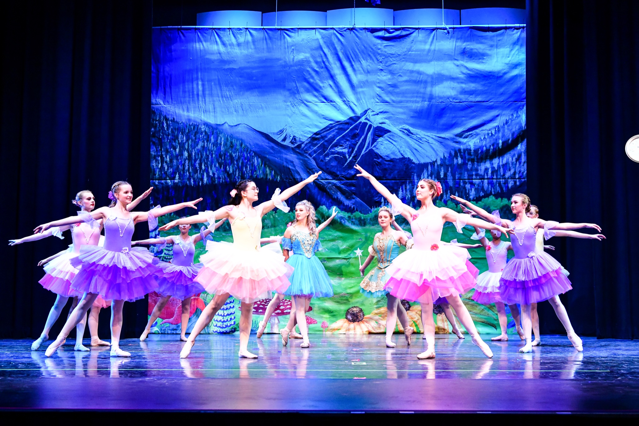 Ballerinas on stage posed in tutus