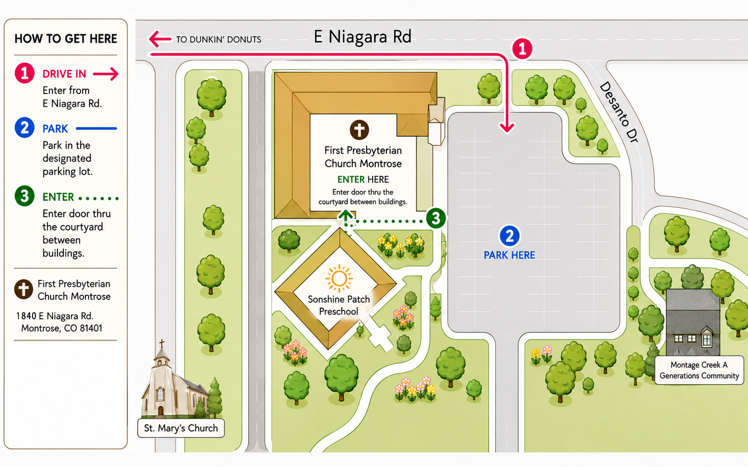Map showing how to enter, park, and find the Weehawken Dance entrance at First Presbyterian Church in Montrose